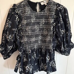 Sea New York Black Floral Smocked Peasant Top